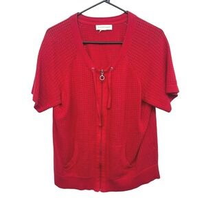 Open Knit Full Zip Cardigan M Red Short Sleeve Sporty Retro Sweater Layer‎